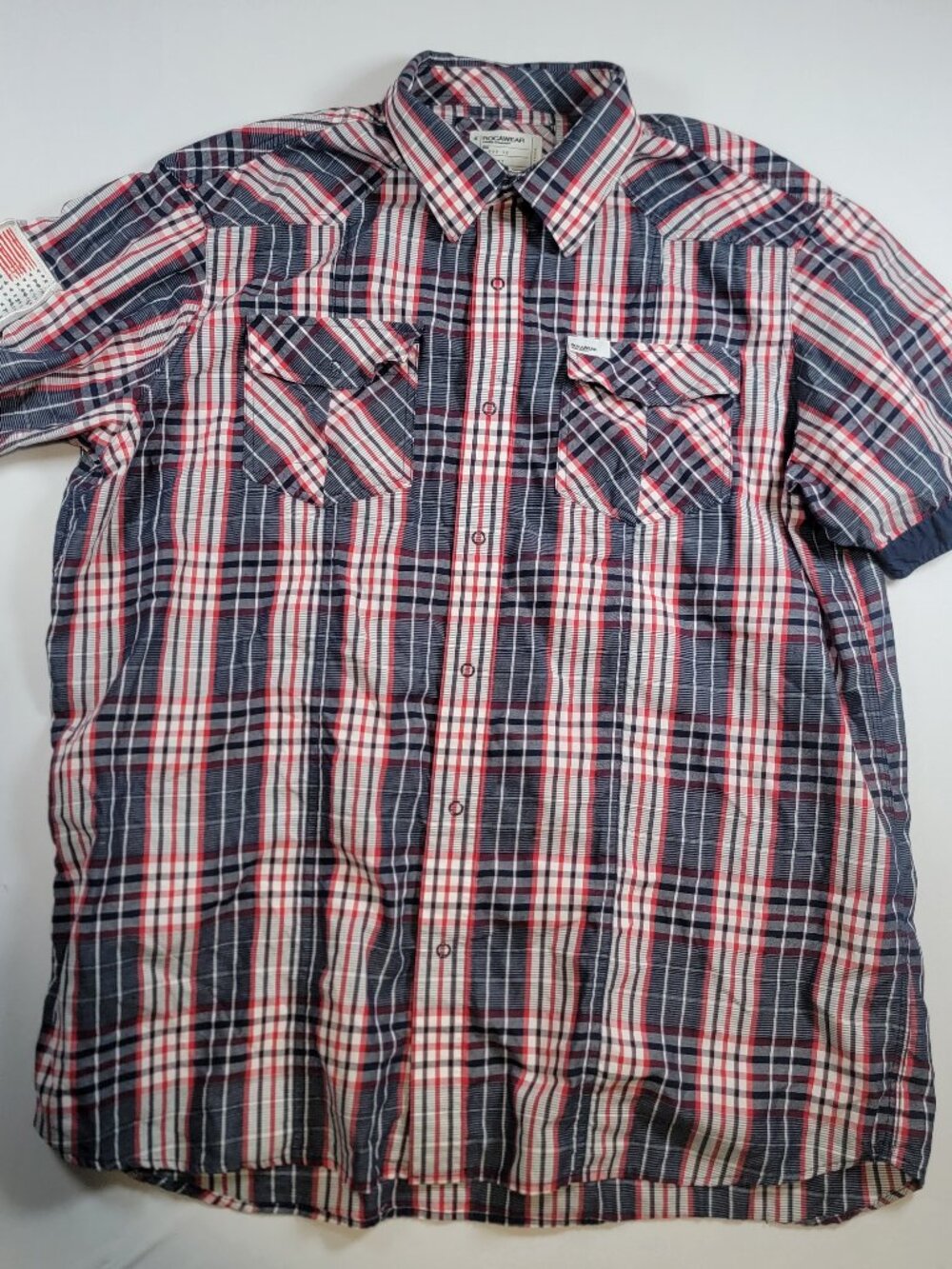 Rocawear Navy Red Plaid Snap Shirt Mens 2XL Flag Patch